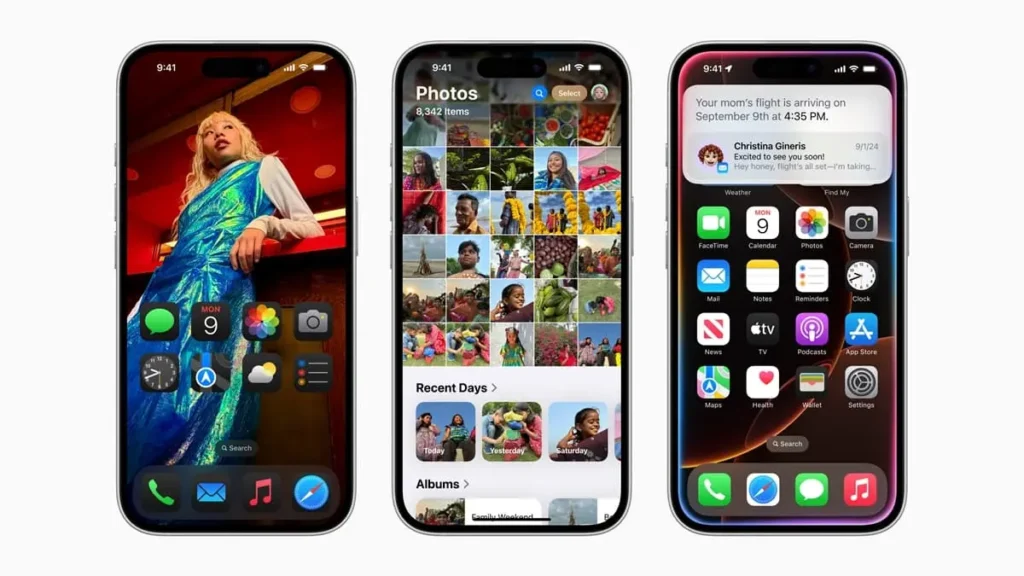 Varias telas de smartphone exibindo layouts diferentes do sistema IOS 18.