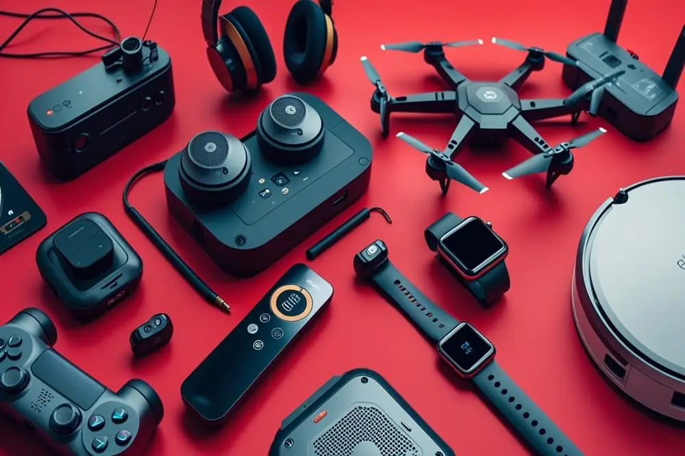 Vários Gadgets em um fundo vermelho. Melhores gadgets para comprar em 2025