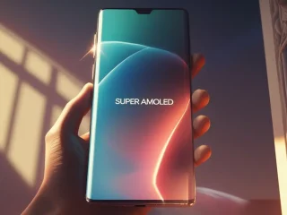 mão segurando um smartphone com uma escrição na tela. "Tela SUPER AMOLED"