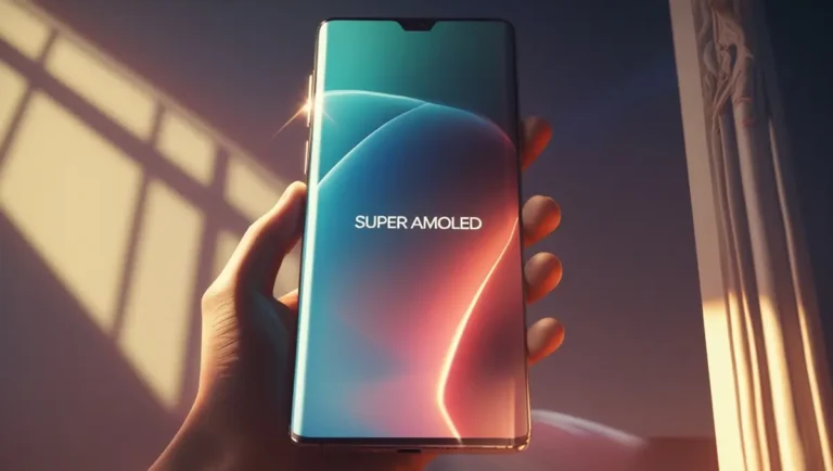 mão segurando um smartphone com uma escrição na tela. "Tela SUPER AMOLED"