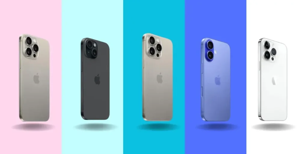 Cinco iphones com câmeras duplas e triplas em fundo gradiente de cores.