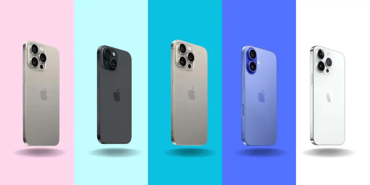 Cinco iphones com câmeras duplas e triplas em fundo gradiente de cores.