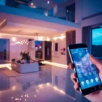 Mão segurando um smartphone, exibindo tela de um app para controlar iluminação da casa inteligente.