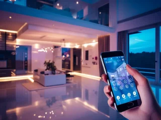 Mão segurando um smartphone, exibindo tela de um app para controlar iluminação da casa inteligente.