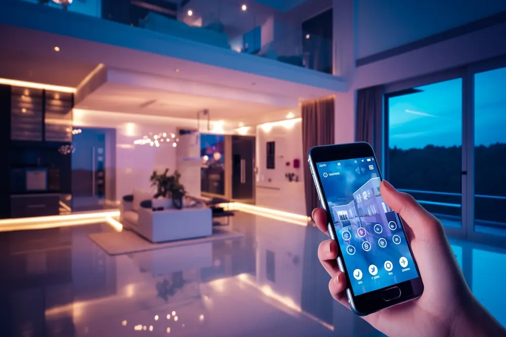 Mão segurando um smartphone, exibindo tela de um app para controlar iluminação da casa inteligente.