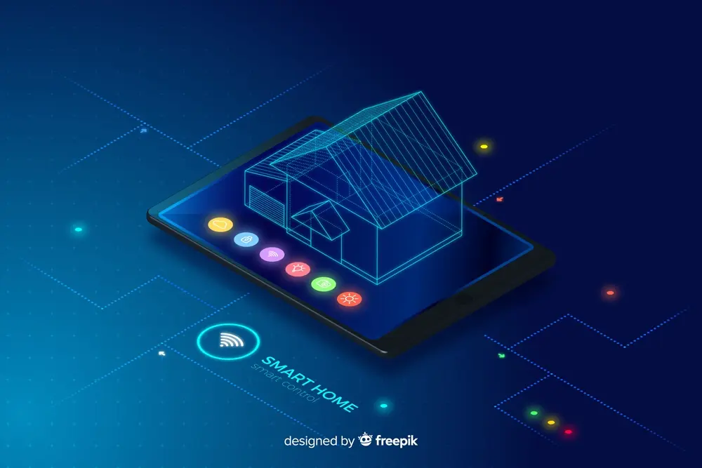 Desenho holográfico de uma casa inteligente.