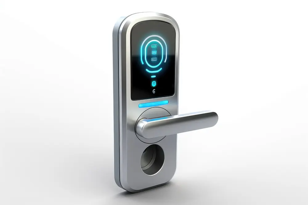 Imagem 3d de uma fechadura eletrônica cor prata.