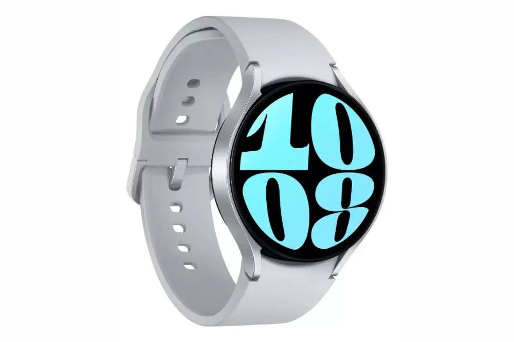 Smartwatch Galaxy watch6 cor prata em um fundo branco. Smartwatch para Natação com GPS