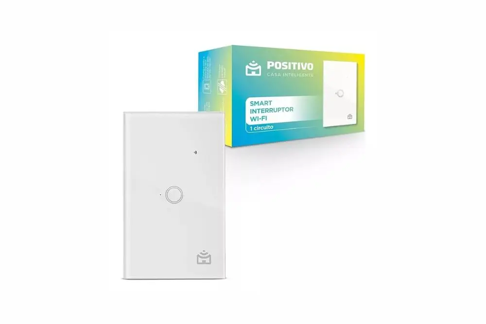 Interruptor Wifi Inteligente – Positivo e sua embalagem cor branco.