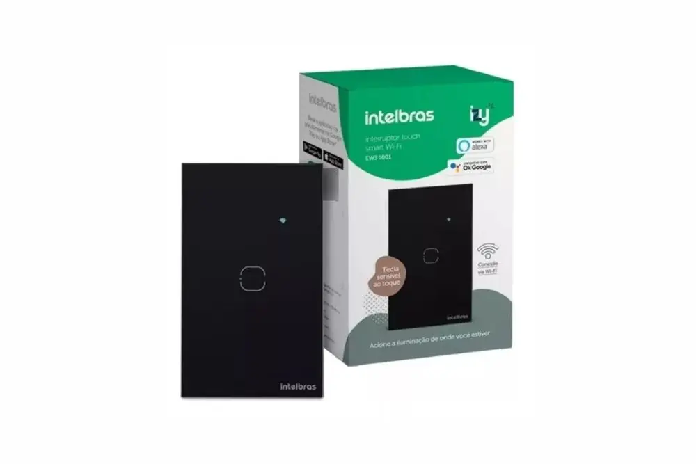 Interruptor Wifi Inteligente – Intelbras e sua embalagem na cor preto.