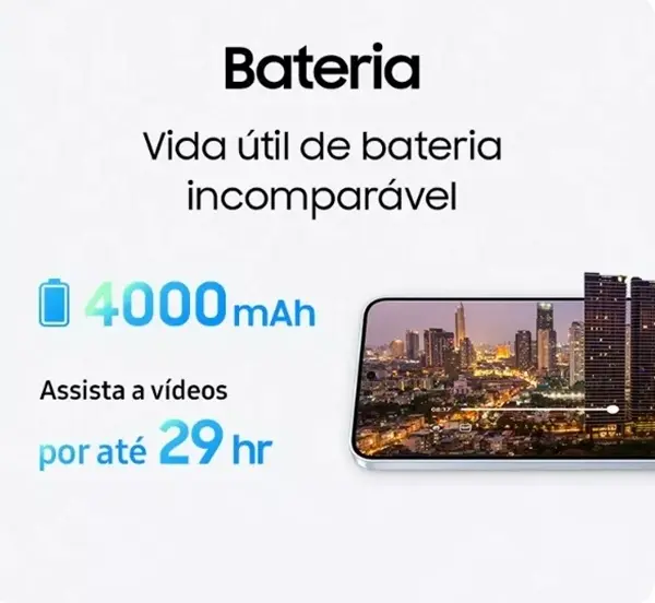 Imagem de um smartphone Samsung Galaxy S25 destacando a duração de sua bateria de 4000 mAh.