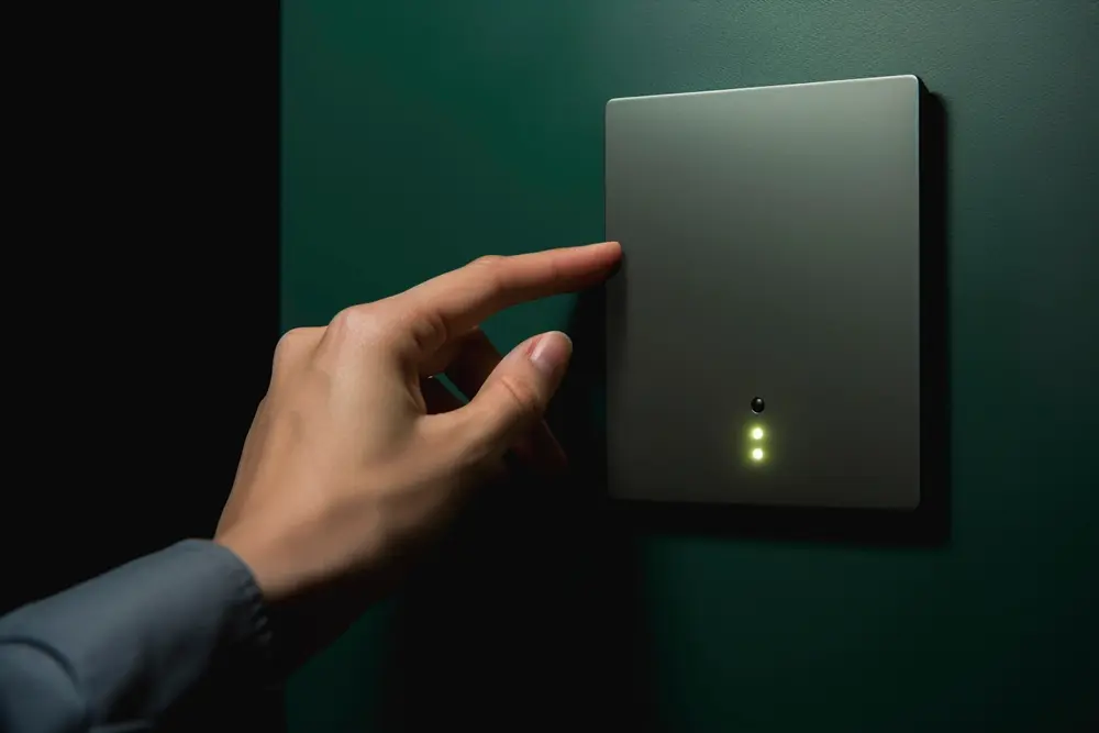 Interruptor Wi-Fi inteligente cor preto em uma parede verde escuro.