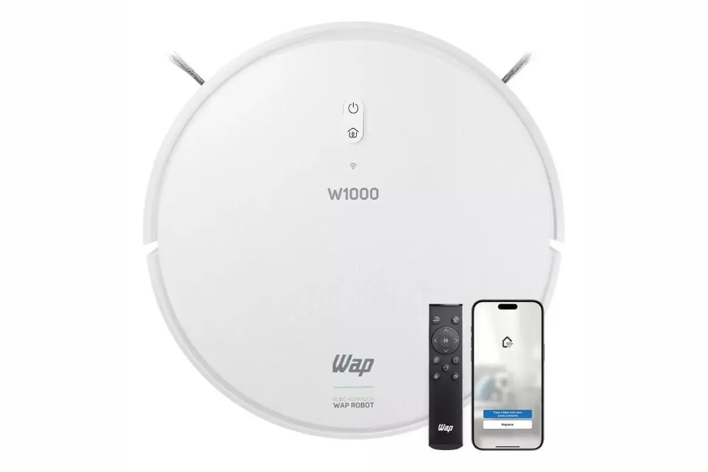 Robô Aspirador Wap Robot SMART cor branco, controle remoto e um smartphone.