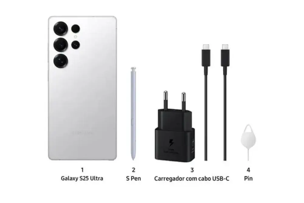 Acessórios do Galaxy s25 Ultra. Caneta, carregador, cabo USB e chave Pin.