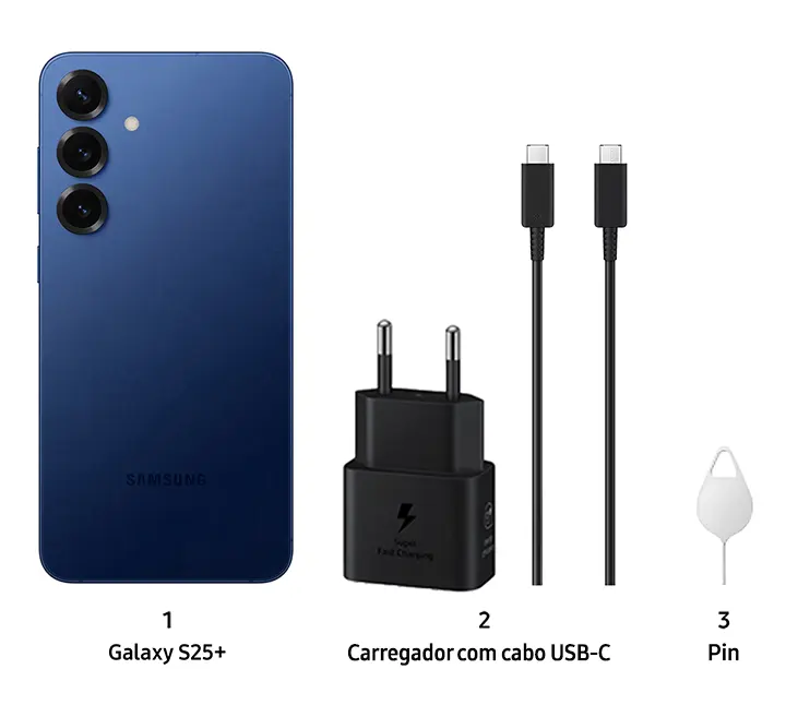 Acessórios dos smartphones Galaxy s25 e s25 plus, carregador, cabo USB e chave PIN.