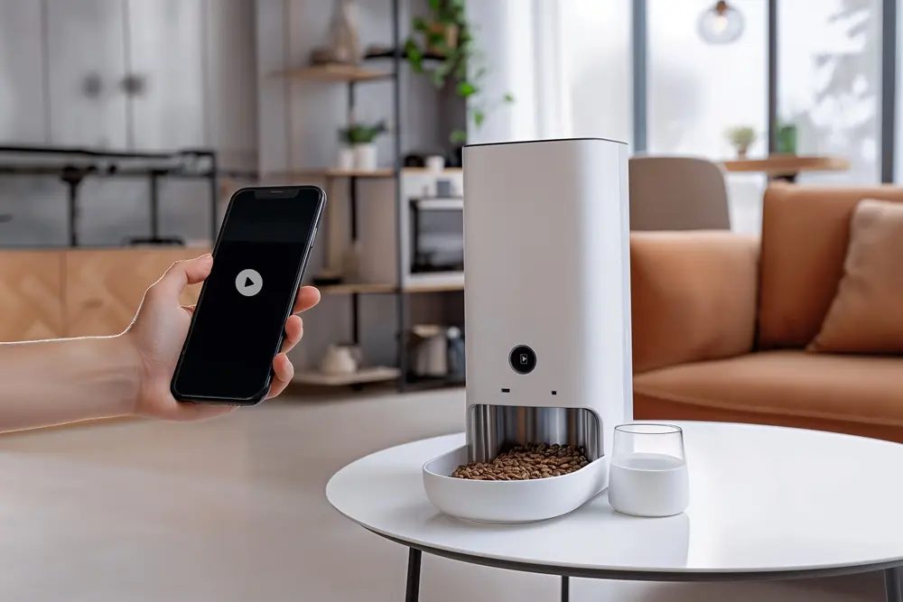 Cafeteira smart e uma mão segurando um smartphone.