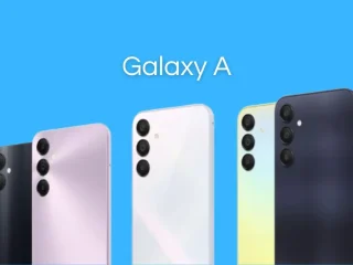 Vários smartfones Samsung Galaxy A em um fundo azul. Top 5 smartphones Galaxy A
