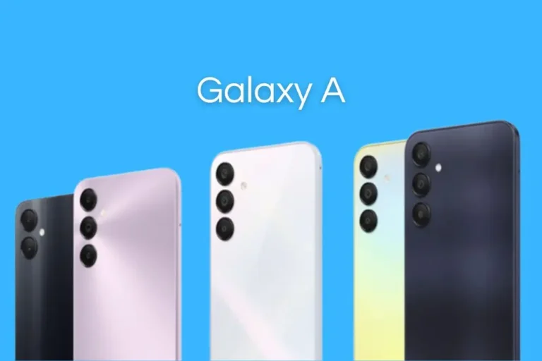 Vários smartfones Samsung Galaxy A em um fundo azul. Top 5 smartphones Galaxy A
