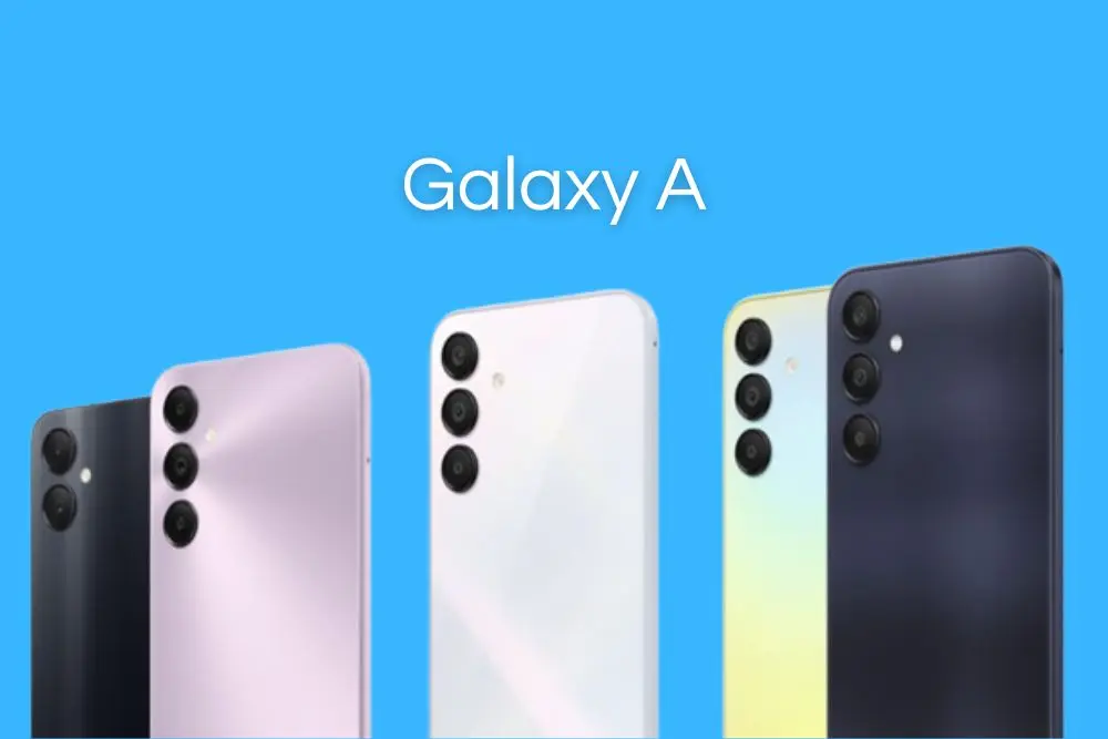 Vários smartfones Samsung Galaxy A em um fundo azul. Top 5 smartphones Galaxy A