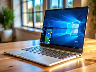 Um notebook sobe uma mesa de madeira aberto com a tela do w11.