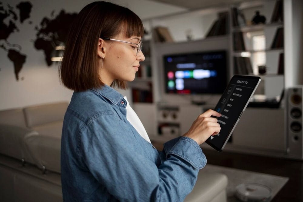 Uma pessoa vestindo uma jaqueta jeans segura um tablet exibindo uma interface de controle de TV inteligente em uma sala de estar moderna com um mapa-múndi na parede.