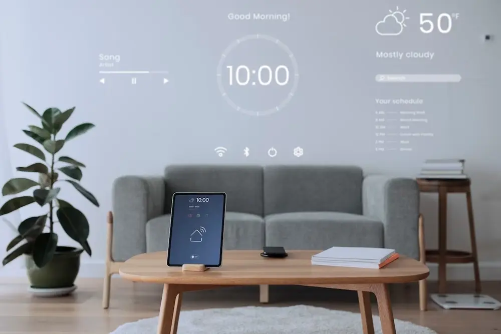 Uma sala de estar moderna com uma mesa de centro e um tablet exibindo uma interface de casa inteligente, projetando a hora e o clima na parede.