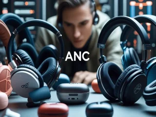 Vários fones de ouvido Bluetooth com ANC sobre uma mesa e uma pessoa ao fundo.