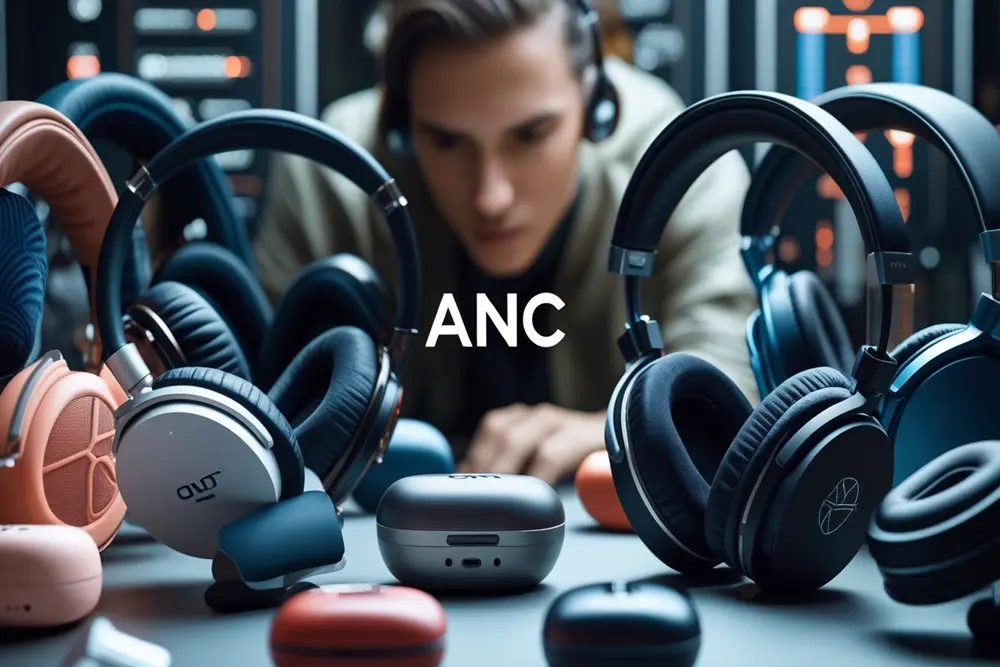 Vários fones de ouvido Bluetooth com ANC sobre uma mesa e uma pessoa ao fundo.