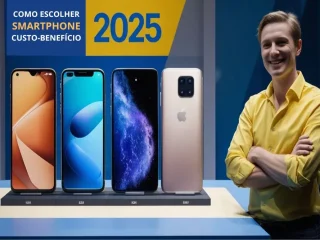 Vários smartphones exibidos em destaque e uma pessoa de camisa amarela ao lado. Como escolher um smartphone custo-benefício