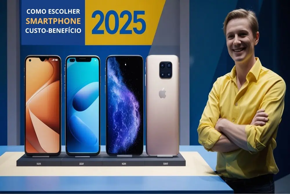 Vários smartphones exibidos em destaque e uma pessoa de camisa amarela ao lado. Como escolher um smartphone custo-benefício