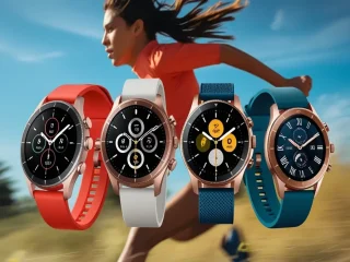 Vários smartwatches em destaque e uma pessoa correndo ao fundo.