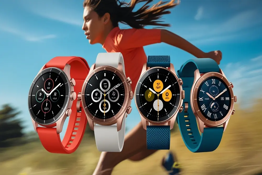 Vários smartwatches em destaque e uma pessoa correndo ao fundo.