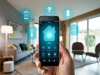 Uma pessoa segura um smartphone exibindo um aplicativo de casa inteligente, com ícones de iluminação, segurança e conveniência, em uma sala de estar moderna.