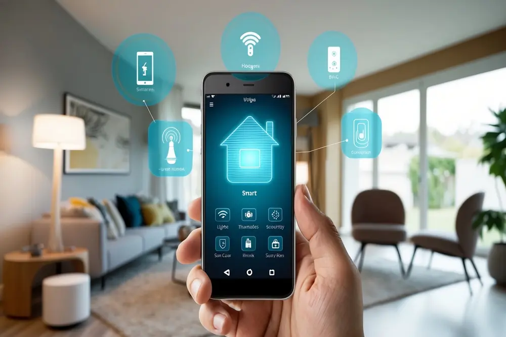 Uma pessoa segura um smartphone exibindo um aplicativo de casa inteligente, com ícones de iluminação, segurança e conveniência, em uma sala de estar moderna.