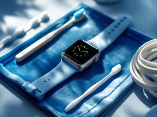 Um Apple Watch sobre um pano azul com utensílios de limpeza.