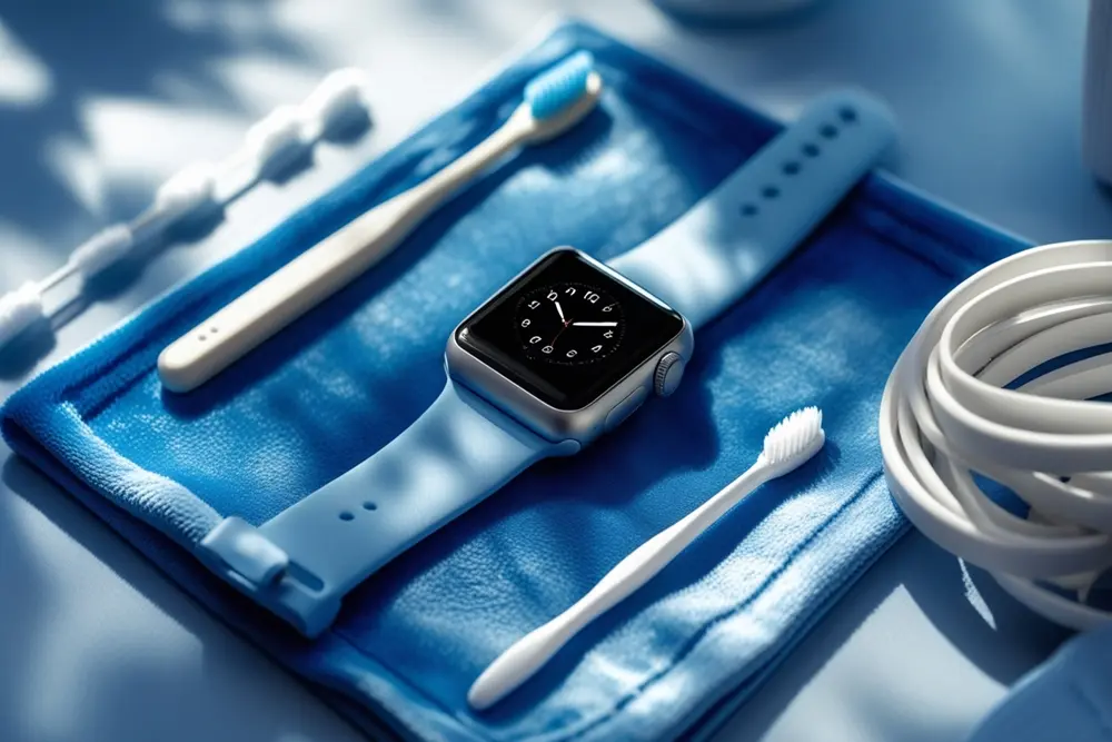 Um Apple Watch sobre um pano azul com utensílios de limpeza.