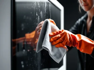 Uma pessoa usando luvas cor laranja limpando uma TV de tela plana.