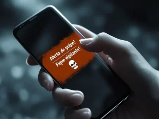 Uma mão segurando um smatphone com uma mensagem de alerta. Como não cair em golpes na internet.