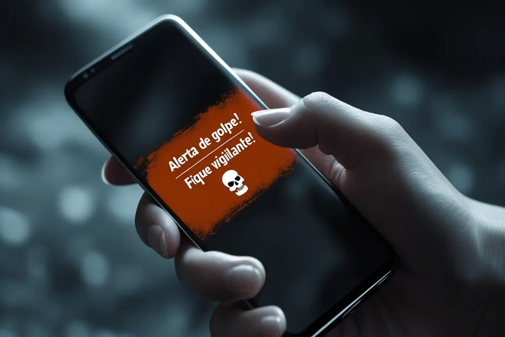 Uma mão segurando um smatphone com uma mensagem de alerta. Como não cair em golpes na internet.