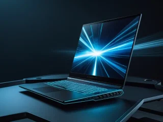 Notebook cor preto em um fundo escuro com luzes azuis.