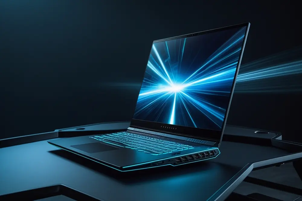Notebook cor preto em um fundo escuro com luzes azuis.
