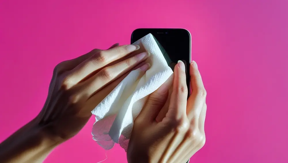 Limpando a tela do smarphone em um fundo rosa. Como Proteger o Smartphone e Prolongar a Vida Útil