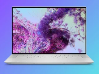 Notebook Dell XPS 16 em um fundo degrade.