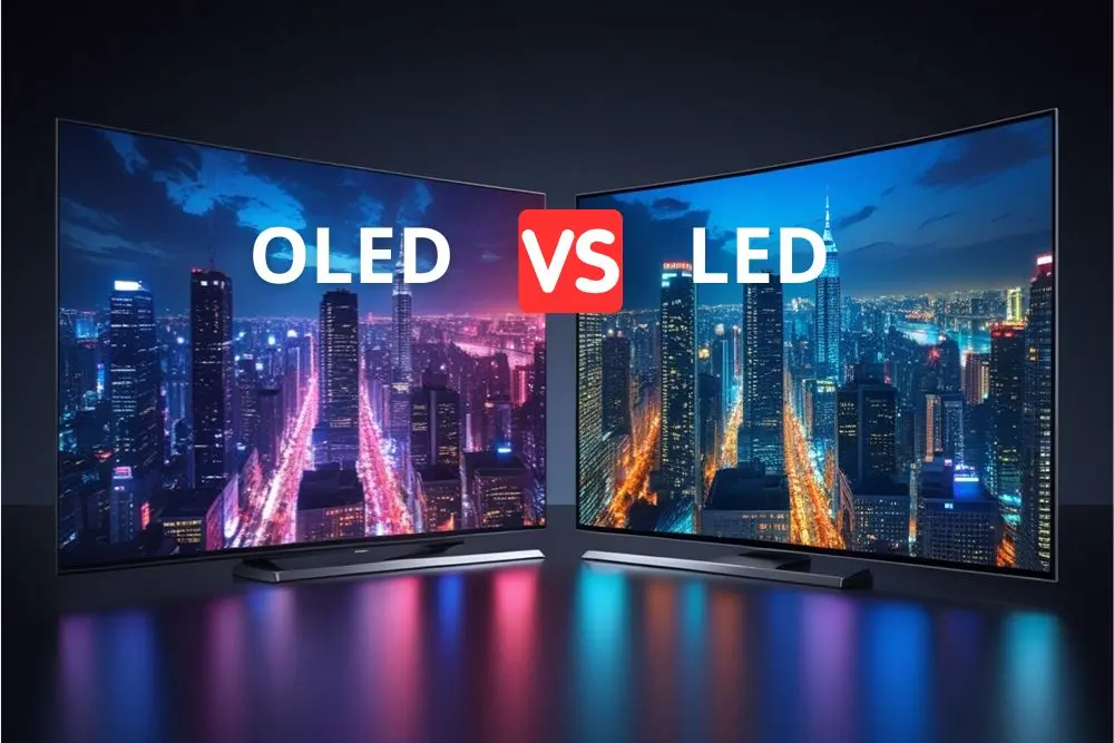 OLED Vs. LED, qual a melhor. Duas tvs tela plana lado a lado.