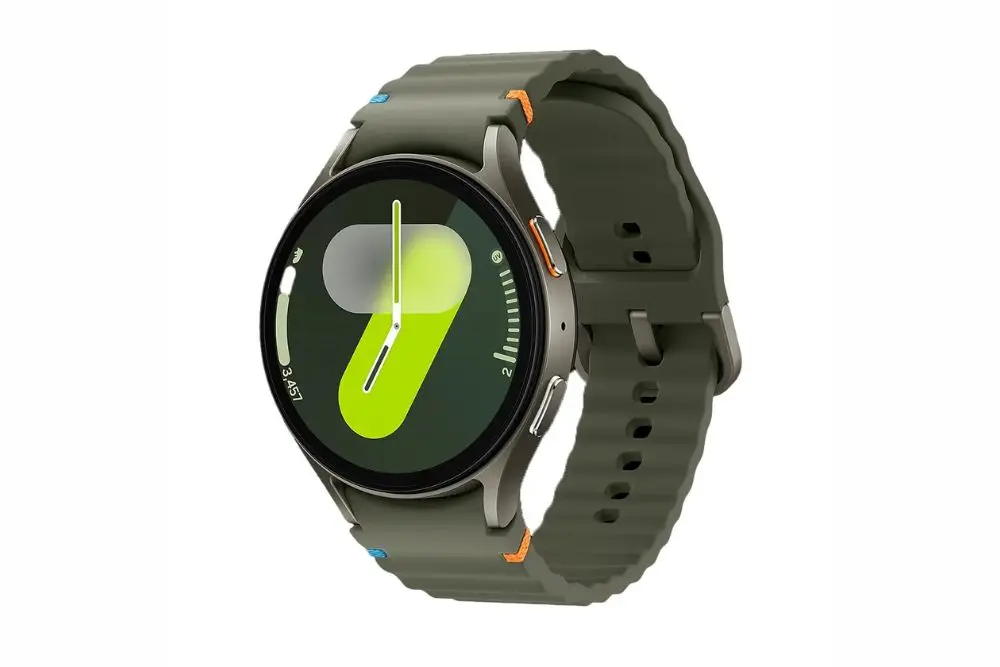 Smartwatch Galaxy Watch7 GPS cor verde em um fundo branco. Smartwatch com Detecção de queda e GPS para idoso.