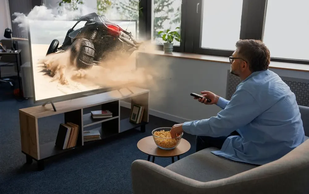 Uma pessoa assistindo smart TV 4k na sala e comendo um petisco.