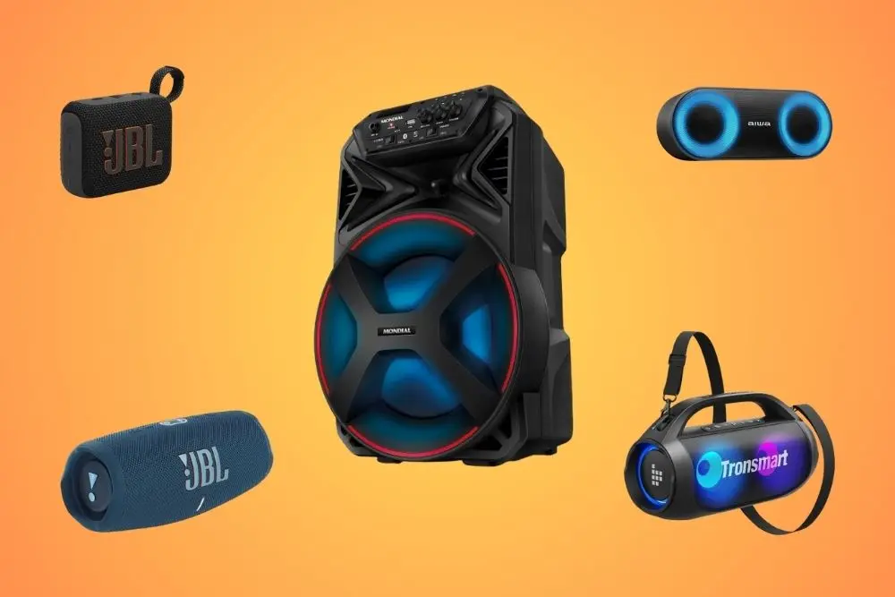 Várias caixas de som Bluetooth em um fundo degrade.