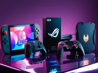 Vários consoles portáteis sobe a mesa em um fundo roxo. TOP 5 Consoles Portáteis para Comprar no Brasil