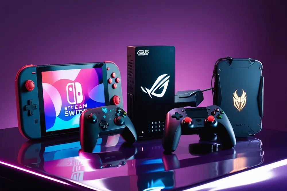 Vários consoles portáteis sobe a mesa em um fundo roxo. TOP 5 Consoles Portáteis para Comprar no Brasil