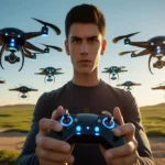 Uma pessoa em um ambiente externo, com um controle remoto e vários drones ao redor.